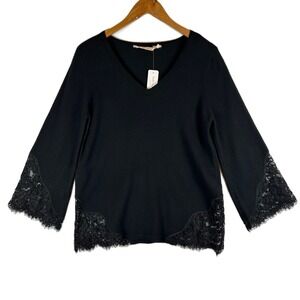 NWT Soft Surroundings Small Petite Pujili Sweater Black‎ Lace Trim V Neck Top PS